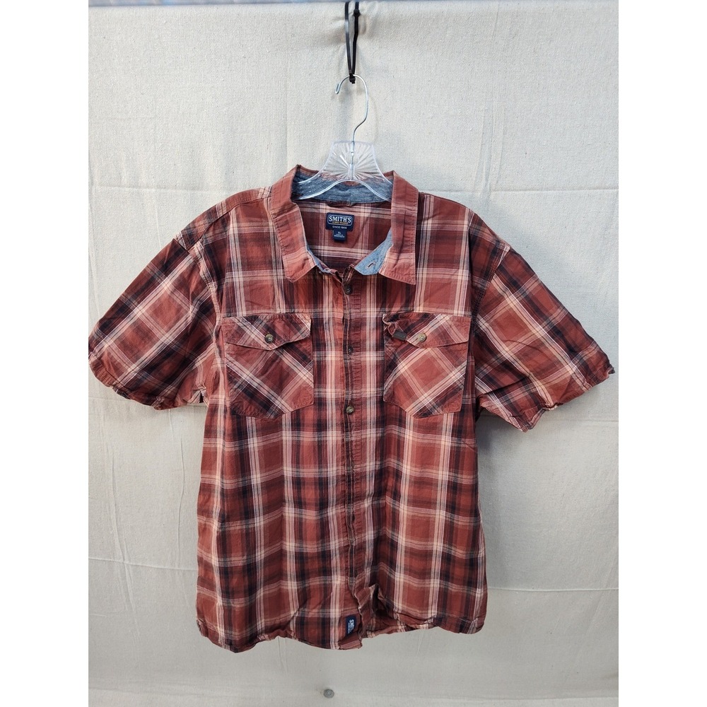 Smith's Workwear Mens XL Red Brown Plaid Short Sleeve‎ Button Up Shirt Pocket